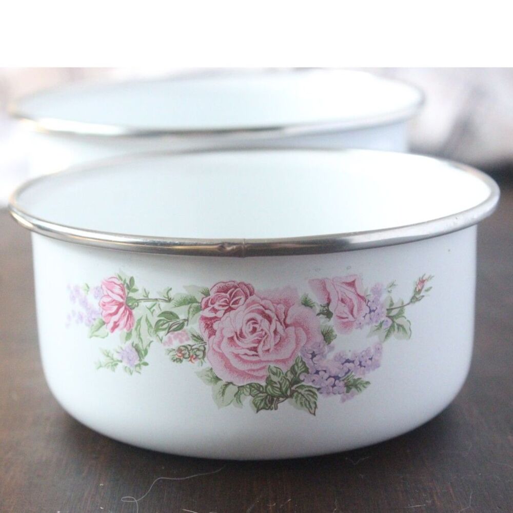 Set of 2 Vintage Enamel Bowls with Pink Flowers